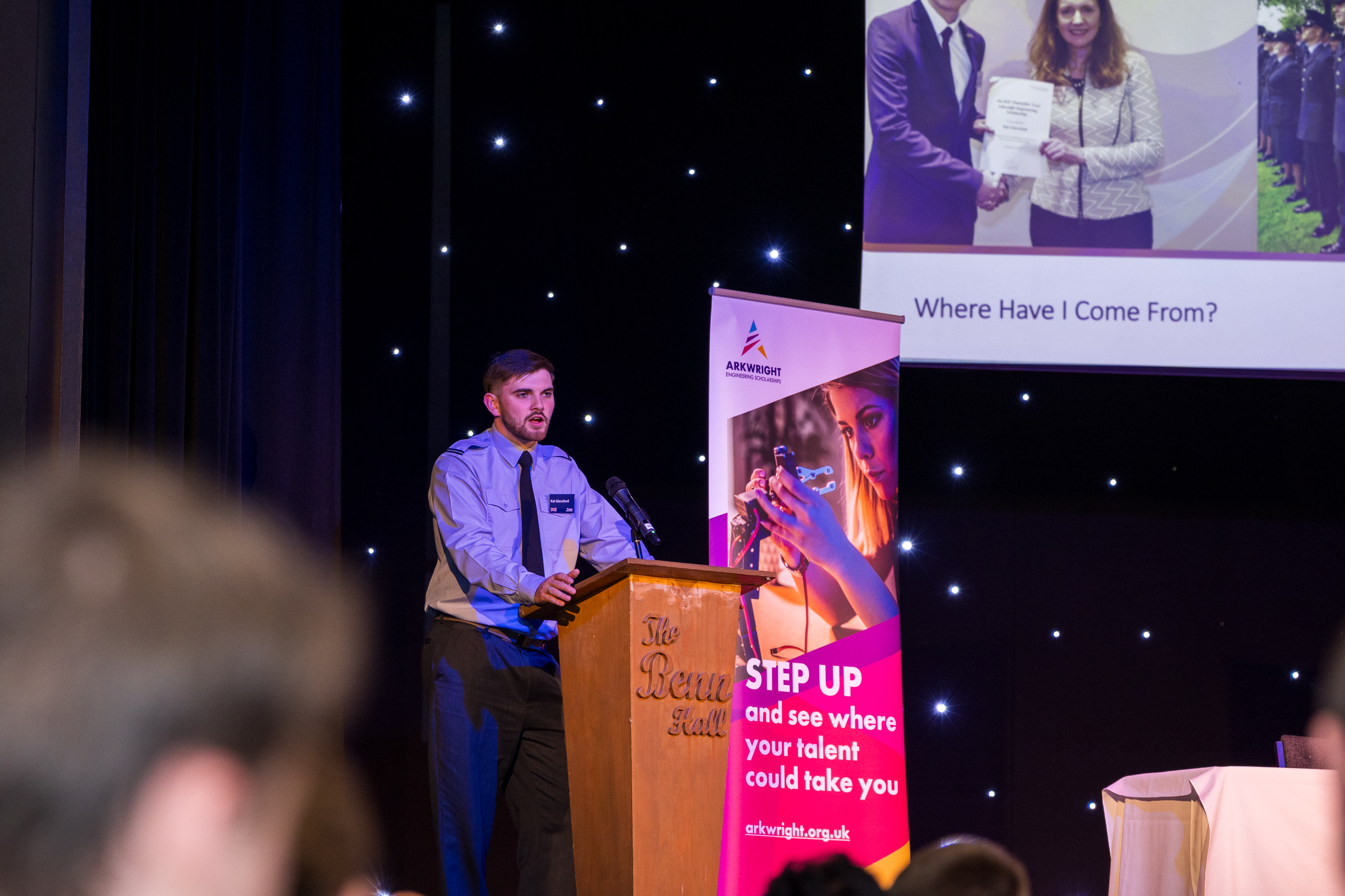 Speaker for Arkwright Engineering Scholarships at a lectern